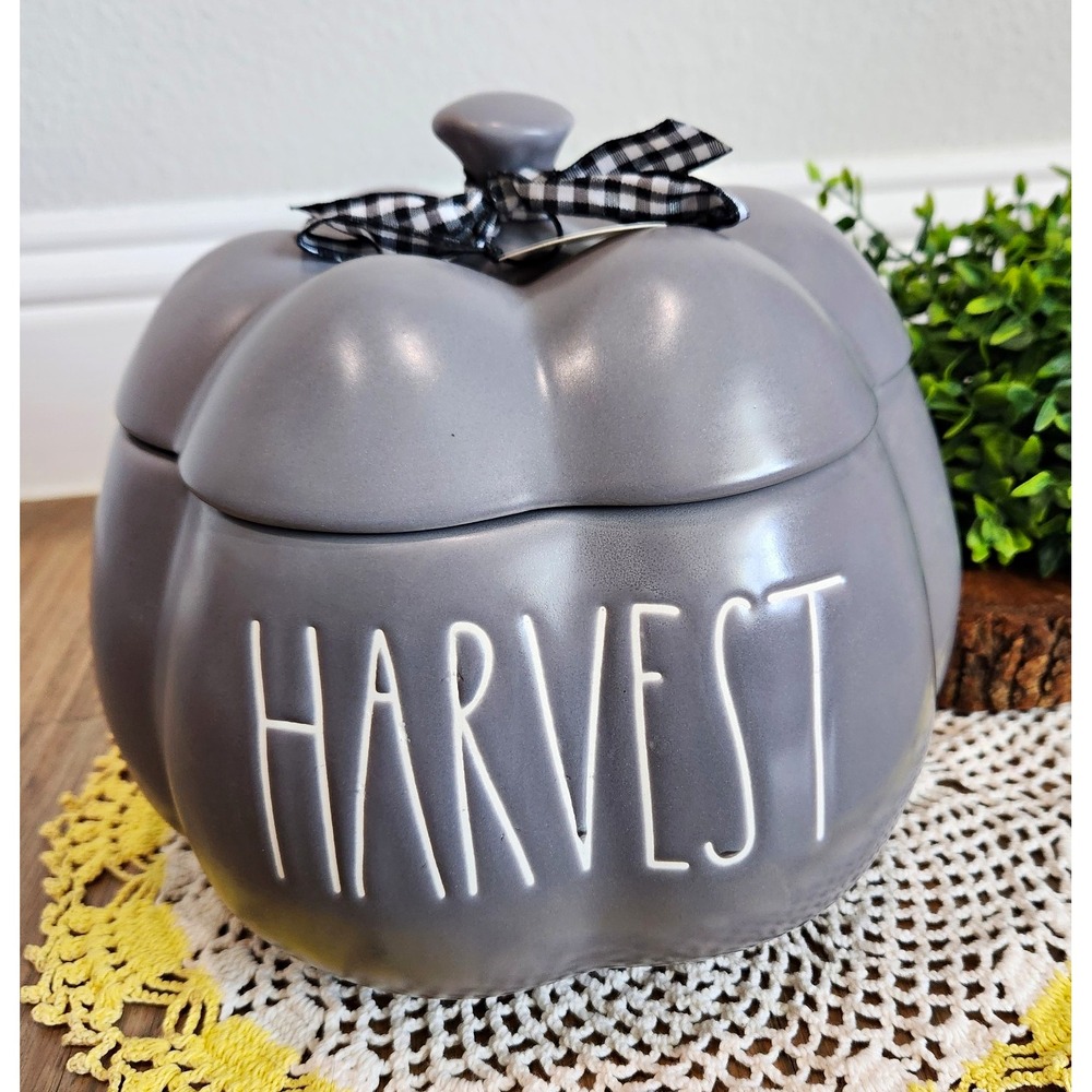 Rae Dunn Harvest Gray Ceramic Pumpkin Canister Cookie Jar Fall Decor Gingham